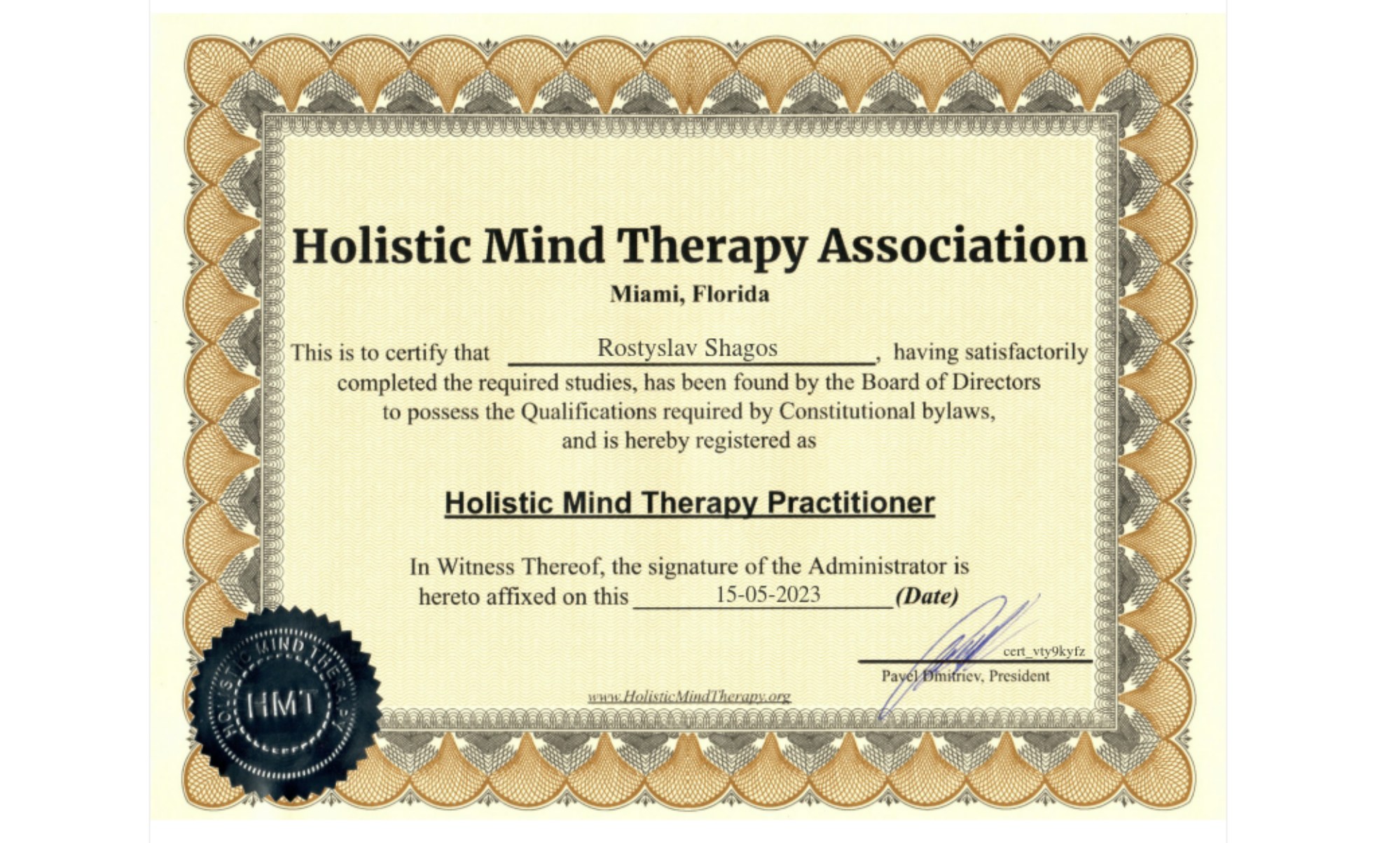 Диплом Ростислава Шагоса — Holistic Mind Therapy Practitioner
