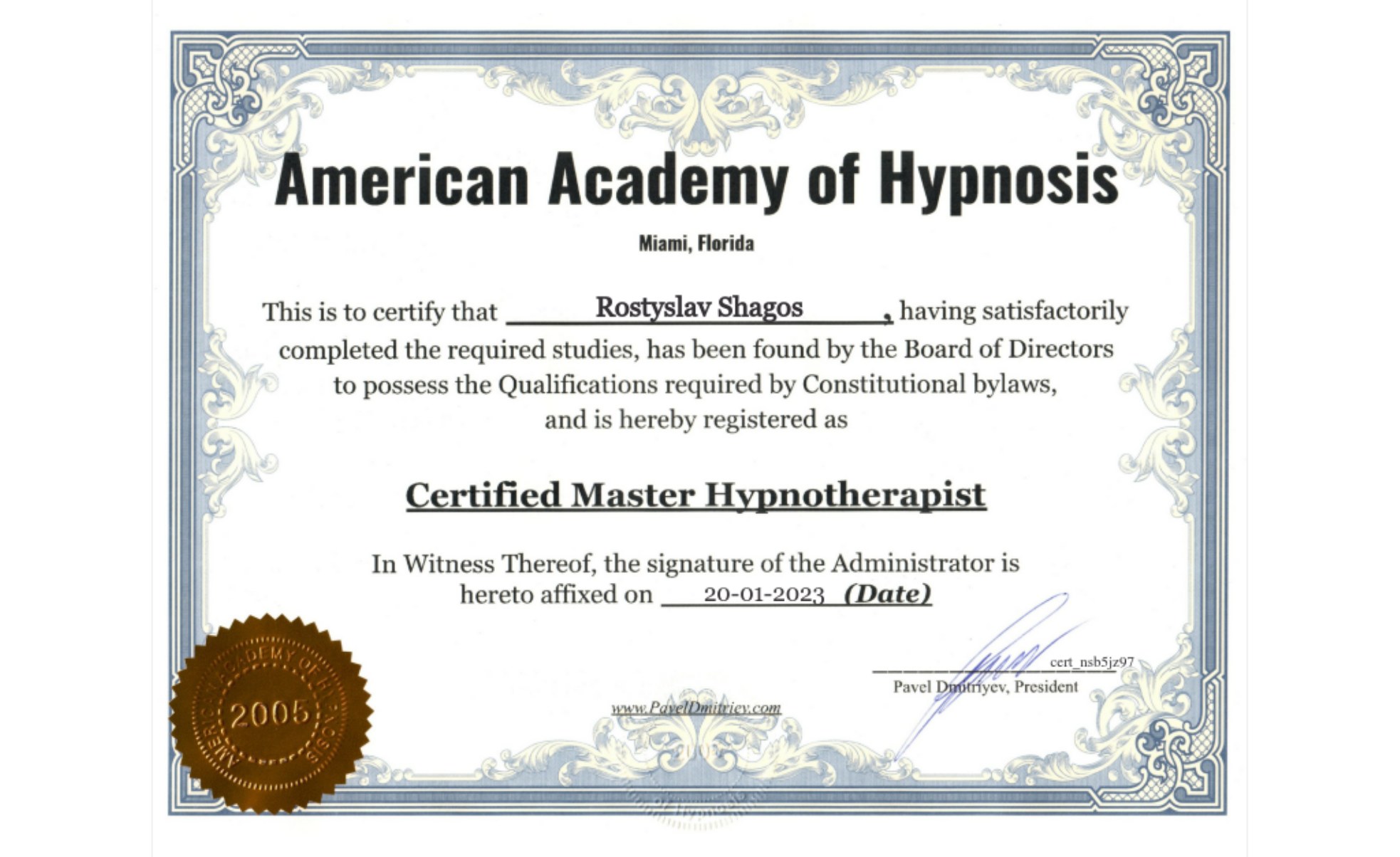Диплом Ростислава Шагоса — Certified Master Hypnotherapist